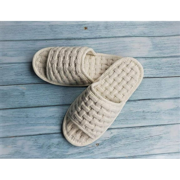 Soft Non Slip Washable 100% Cotton Waffle Weave Slippers, Embroidery, Indoor, Comfy, Made in Korea ( IVORY )