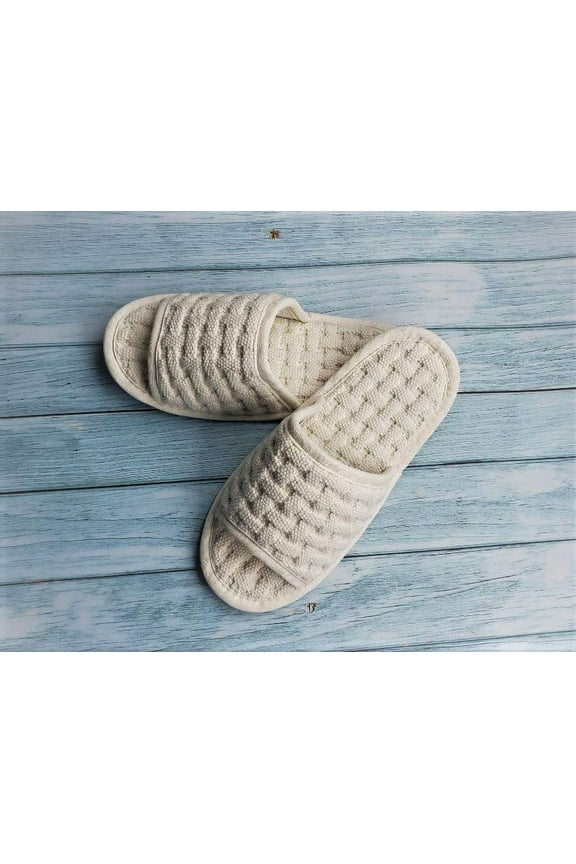Soft Non Slip Washable 100% Cotton Waffle Weave Slippers, Embroidery, Indoor, Comfy, Made in Korea ( IVORY )