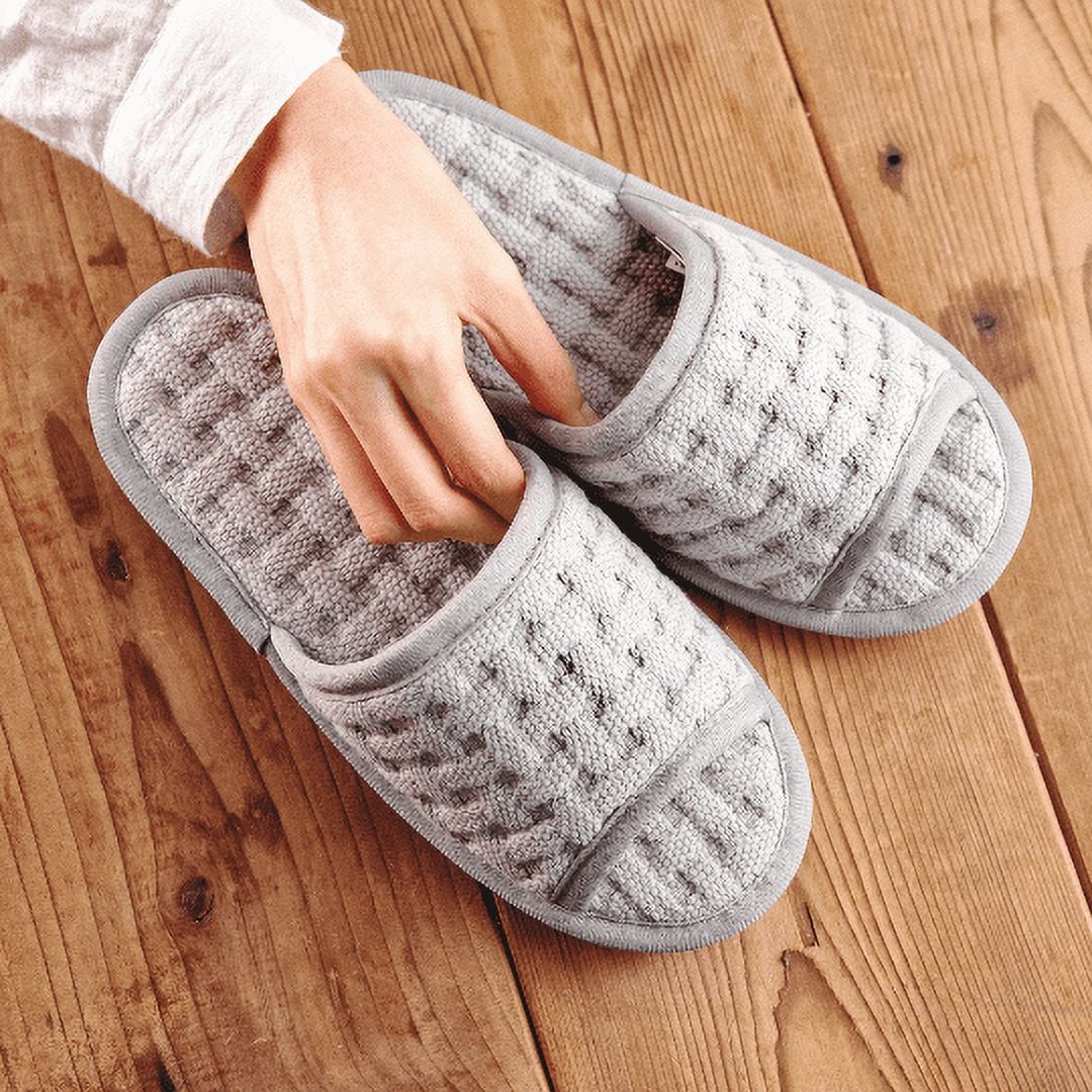 Soft Non Slip Washable 100 Cotton Waffle Weave Slippers Embroidery Indoor Comfy Made in Korea Light Gray