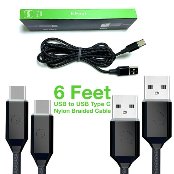 Soft Nylon Braided USB Type-C to USB-A Male USB Charger Cables - 6 Feet, Black (2 Pack)