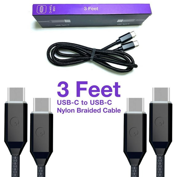 Soft Nylon Braided USB Type-C to USB-C Male USB Charger Cables - 3 Feet, Black( 2 Pack)