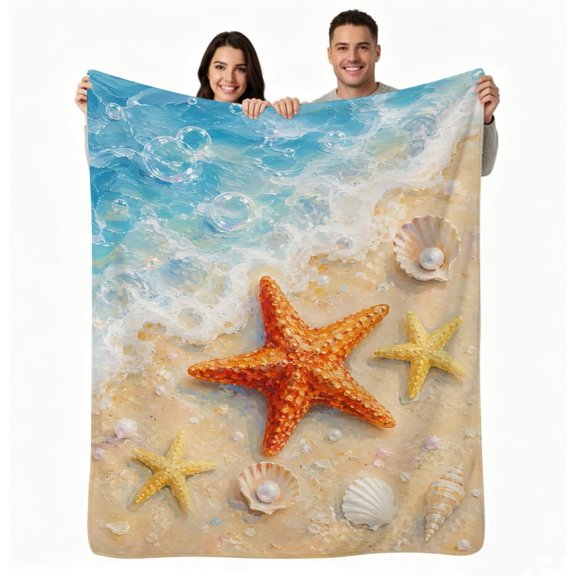 Soft Ocean Starfish Throw Blanket Cozy Home Decor Gift 50" X 60" Customized Throw Gift, Printed in USA