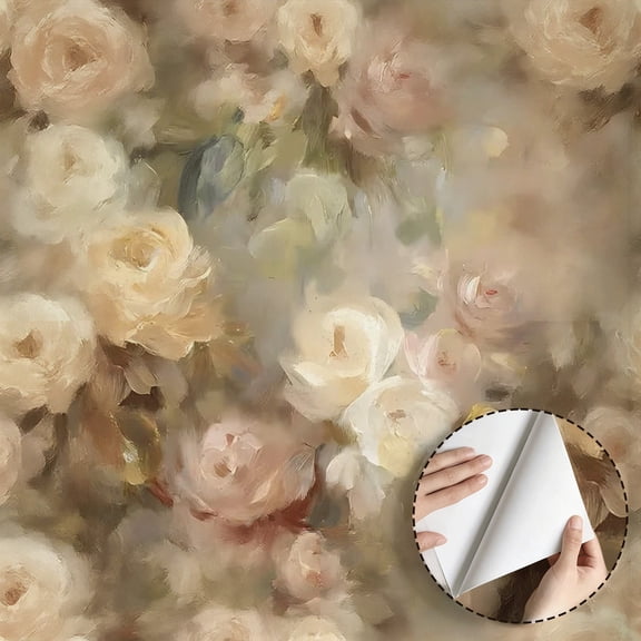 Soft Oil Painting Cream Rose Floral Wallpaper Vintage Rustic Boho Peel and Stick Waterproof Wallpaper Wall Decor for Bedroom Living Room Bathroom Dorm Room Rental Property 17.7 * 78.5 in