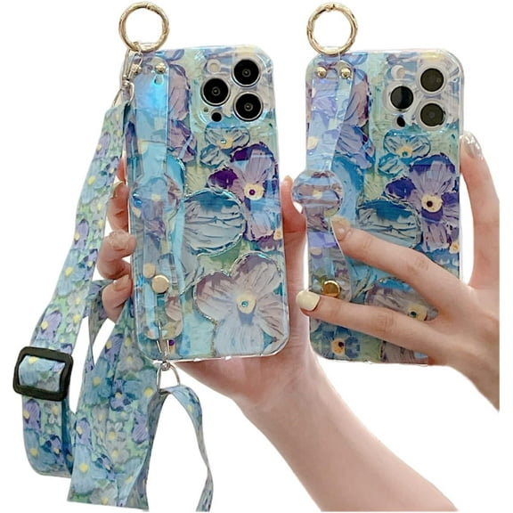 Soft Oil Painting Flowers Bracket Phone Case for iPhone 14 13/14 13 Plus Pro Max, Wrist Strap, Lanyard, Stand Back Cover, Popular Rhinestone Shell