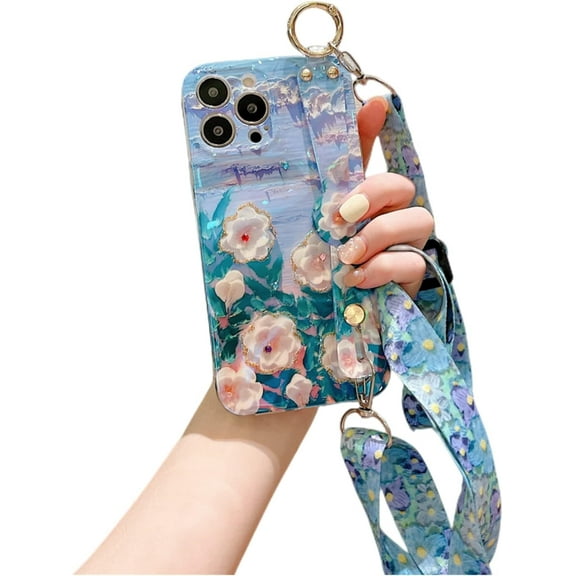 Soft Oil Painting Flowers Bracket Phone Case for iPhone X XS XR SE 8 7 Plus Max, Wrist Strap, Lanyard, Stand Back Cover, Popular Rhinestone Shell(Camellia,XS Max)
