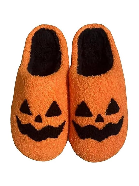 Soft Orange Pumpkin Plush Slippers for Women Men - Warm Cozy Indoor Halloween Shoes with Non-Slip TPR Sole Winter Home Slides