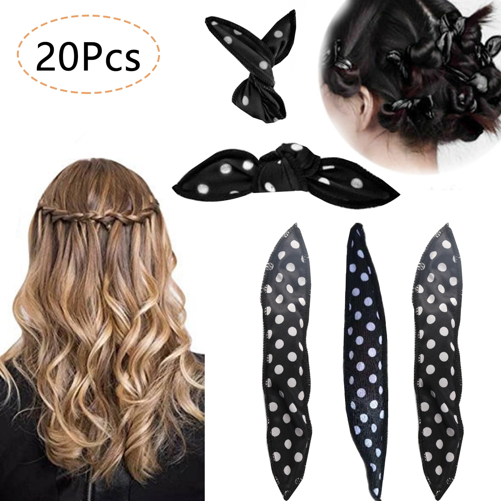Soft Overnight Hair Rollers, Heatless Sleep In Hair Curlers for Thick Hair, SYWAN Cloth Pillow Hair Roller for Long Hair Curlers Sponge Foam, 20x DIY Hair Rollers (Black Dots)
