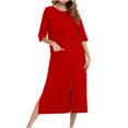 thumbnail image 1 of Soft Pajama Dress New Nightgown House Dress for Women 3/4 Sleeve Zip up Robe Long Lounge Dress Side Split House Coat Sleepwear with Pocket Red XL, 1 of 7