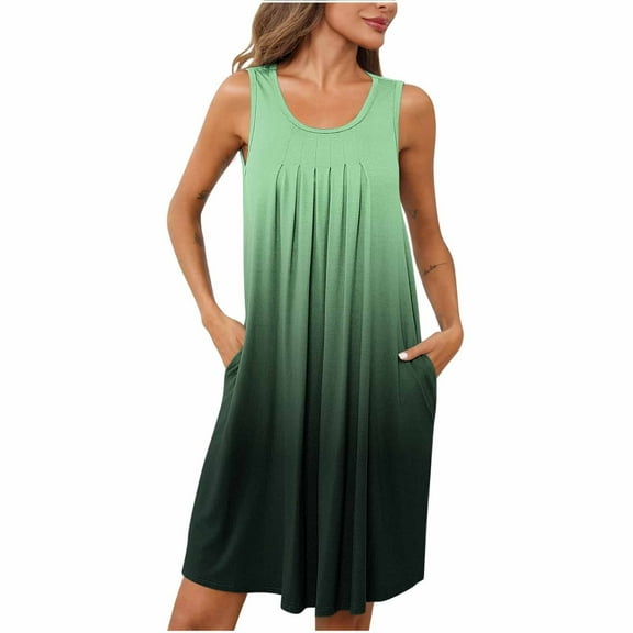 Soft Pajama Dress New Women Gradient Print Nightgowns with Pockets Sleep Shirts Sleeveless Sleepwear Pleated Front Nightshirt Green XXL