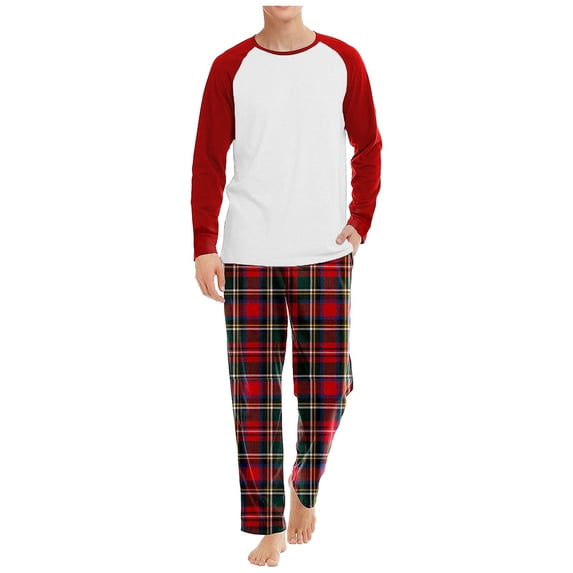 Soft Pajama Set Men Pullover Long Sleeve Lounge Sets Autumn Winter Raglan Sleeve Top Plaid Print Trousers Two Piece Home Suit Sleepwear 2 Piece Pants Pjs Set Red S