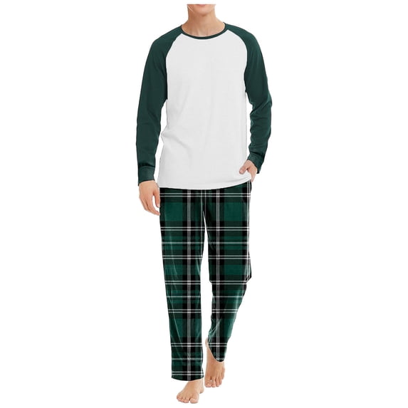 Soft Pajama Set Men Pullover Long Sleeve Lounge Sets Autumn Winter Raglan Sleeve Top Plaid Print Trousers Two Piece Home Suit Sleepwear 2 Piece Pants Pjs Set Dark Green S