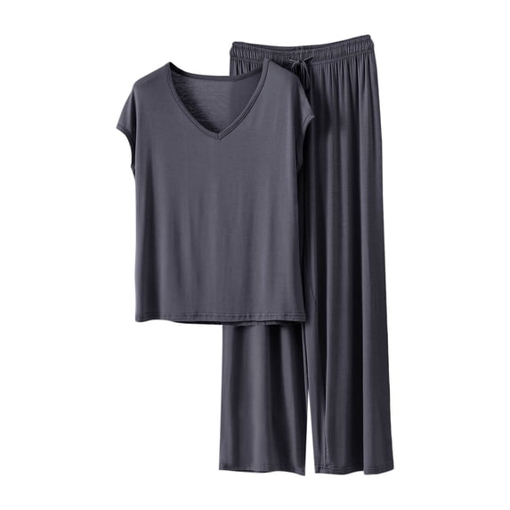 Soft Pajama Set Women Modal Short Sleeve Lounge Sets Wide Leg Pants Loungewear Sleepwear Sets