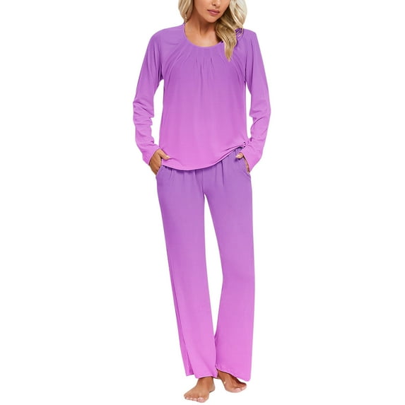 Womens Cotton Pajama Pants Women's Long Sleeve Pajamas Set with Pockets Soft Pants with Long Sleeve Tops Ladies Sleepwear Gradient Printed Casual Tops Pants Pajama Set Purple S