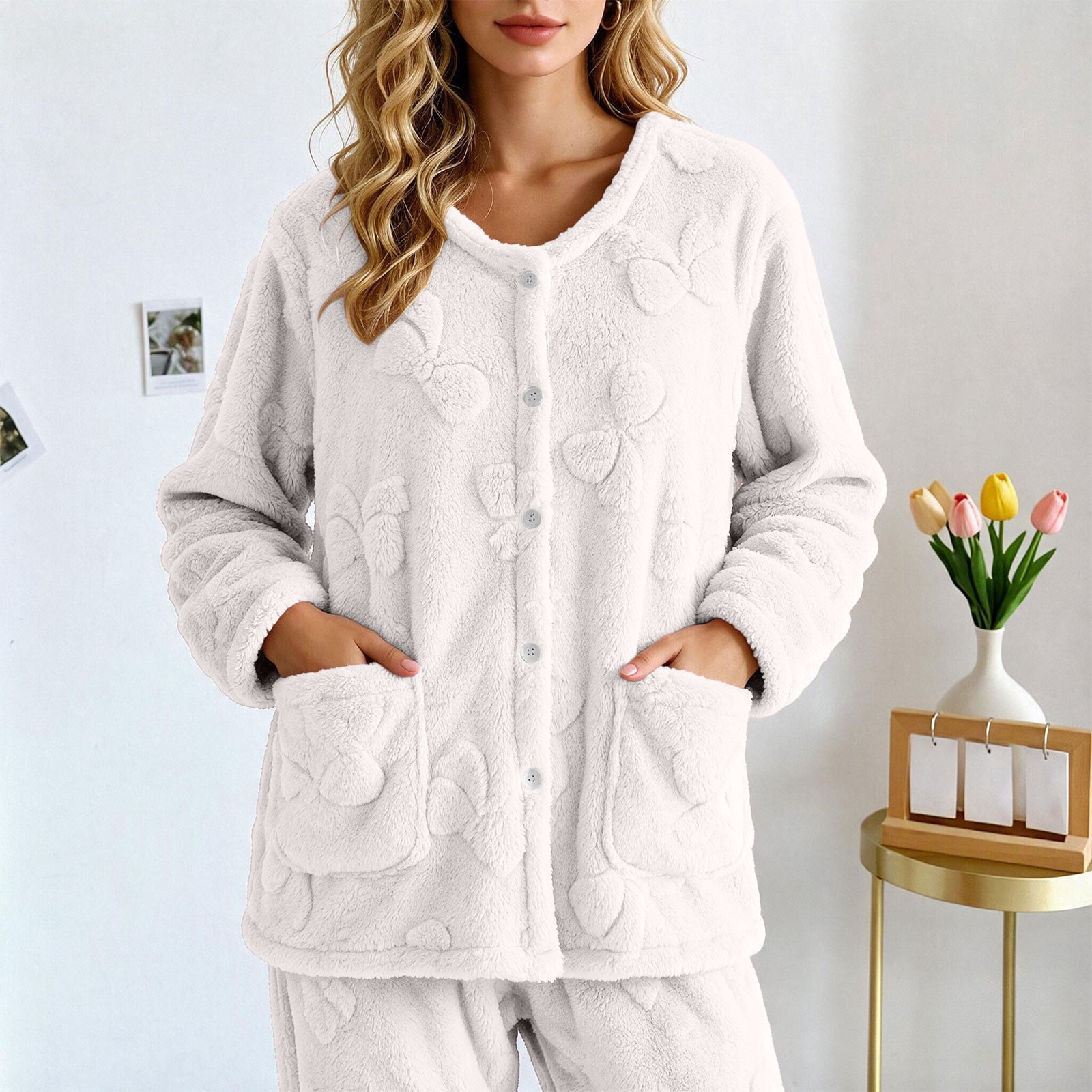 Soft Pajama Sleepwear LSONABXA Women Round Neck Button Down Flannel ...