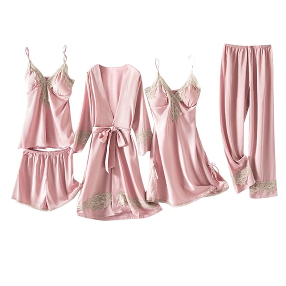 Soft Pajamas Cozy Pjs for Women Set Ladies Sleepwear Women's Five Piece Set with Breast Pads Love Rrint Ice Silk Nightgown Nightdress Home Clothes Pajama Set