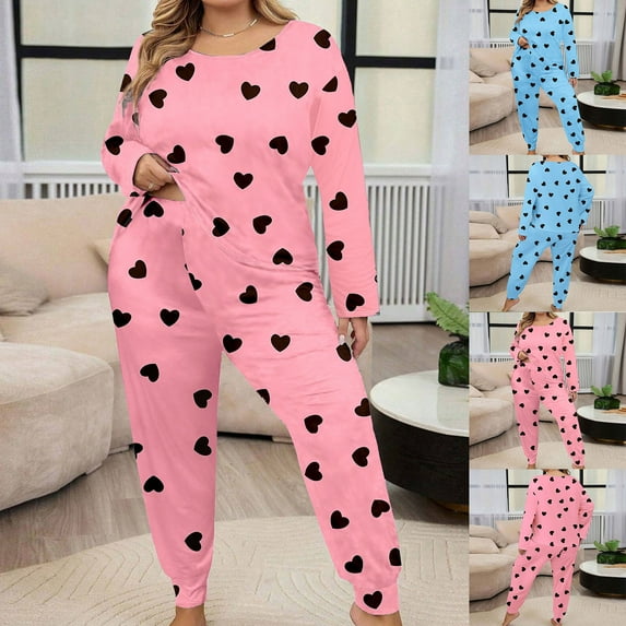 Soft Pajamas for Women Women Plus Size Pajamas Set Printed Loungewear Pants Crew-Neck Long Sleeve T Shirt 2 Piece Sleepwear Sleep Pajama Set Womens Nightgowns Cotton 4XL