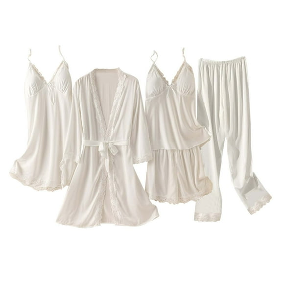 Soft Pajamas Womens Pajama Sets Ladies Sleepwear Women's Five Piece Set with Breast Pads Love Rrint Ice Silk Nightgown Nightdress Home Clothes Pajama Set