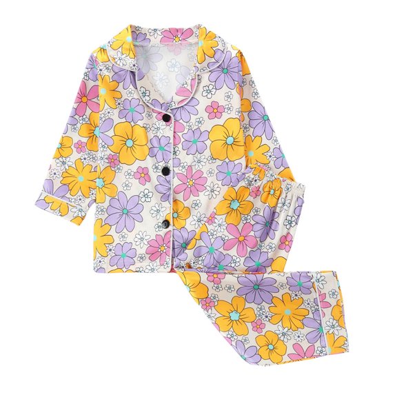 Soft Pajamas for Toddlers Kids 2 Piece Satin Button Up Shirt Pant Sets Boy Girl Long Sleeve Sleepwear Nightgowns (2-3 Years, Yellow)