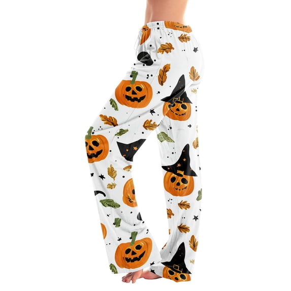 Soft Pajamas for Women Halloween Spooky Pumpkin Print Loose Drawstring Pj Bottoms