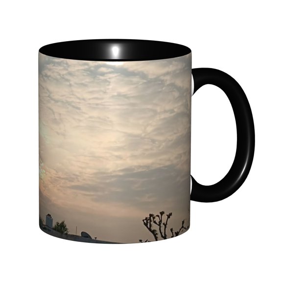 Soft Pale Morning Sun Wispy White Clouds Bare Tree Branches Urban Rooftop Dawn Sky Ceramic Mug 11oz, Calm Suburban Morning Light Sky Photo Cup, Microwave Safe Gift for Cloud Aesthetic Lovers