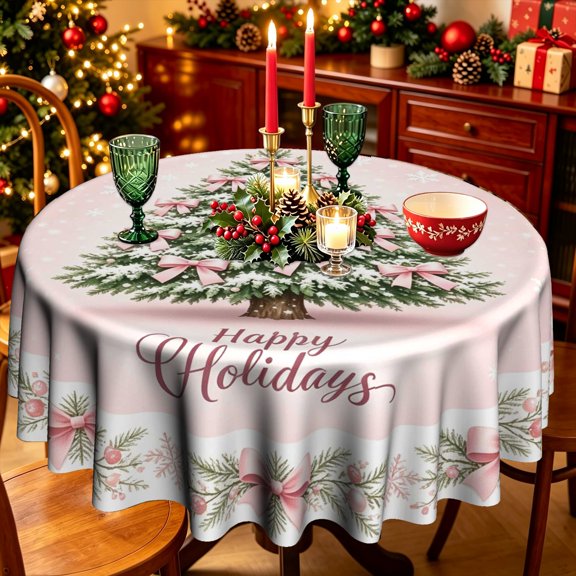 Soft Pale Pink Base Snowy Pine Tree Cursive Holiday Text Polyester Round Tablecloth,35/50/60/70 inch,Dining Table Holiday Party Decor