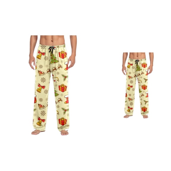 Soft Pants With Drawstring Waistband, Women's High-Waisted Wide Leg, Cream Holiday Icon Print, Side Pockets for Comfortable Festive Loungewear