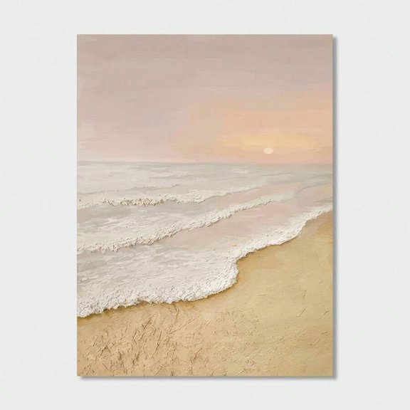 Soft Pastel Beach Sunset Wall Art Print, Textured Impasto Ocean Wave Oil Painting, Neutral Coastal Seaside Landscape Poster, Calm Boho Beach House Living Room Wall Decor