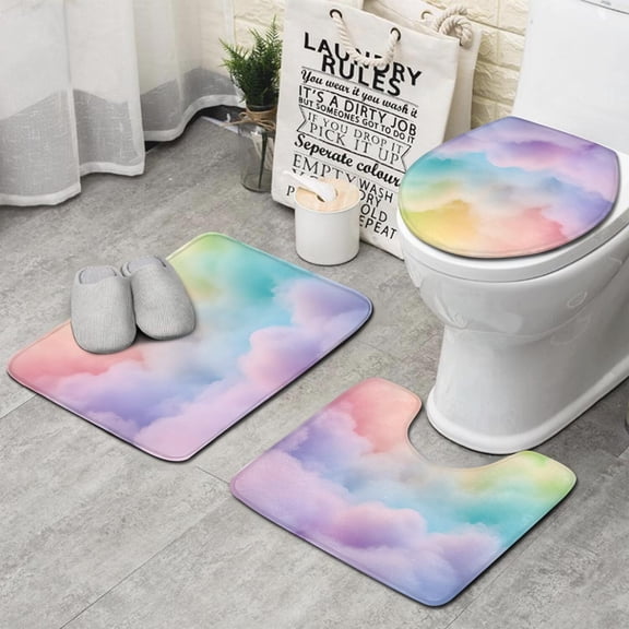 Soft Pastel Cloudscape Bathroom Rugs Sets 3 Piece,Toilet Cover Set,Absorbent Non Slip Bathroom Mats Sets with U-Shaped Contour Rug Toilet Rug Set
