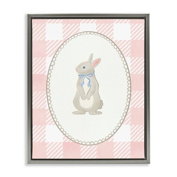 Stupell Industries Soft Pastel Gingham Rabbit Gray Framed Floater Canvas Wall Art, design by The Paper Curator