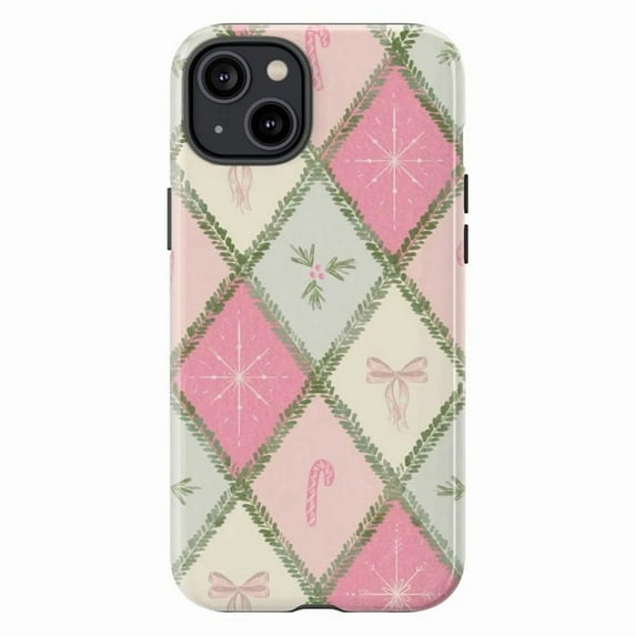 Soft Pastel Holiday Phone Case, Pink Argyle Sweater Christmas Pattern Cover for iPhone 17 16 15 14 13 12 11 Pro Plus Max Mini