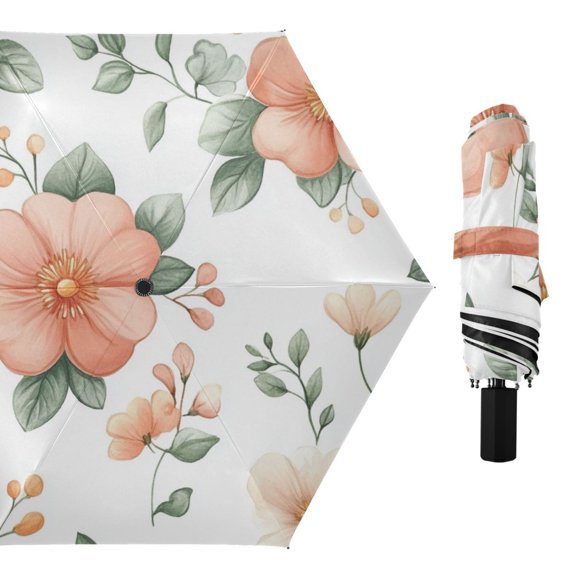 Soft Pastel Leaves Sweet Roses All Weather Umbrella Triple Folding Parasol 6 Ribs UV Protection Portable