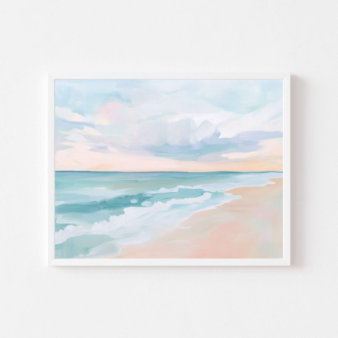 Visual Reference: Soft Pastel Ocean Seascape Pink Coastal Sunset Painting Beach House
