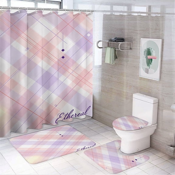 Soft Pastel Plaid Ethereal Pattern Shower Curtain And Rugs Mat Set For Bathroom Bath Curtains Decoration Accessories Bathtub Screen 4 Pcs