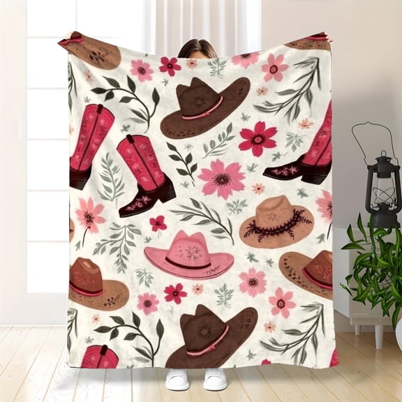 Soft Pastel Western Throw Blanket with Pink Cowboy Boots, Floral Embroidery & Star Hats | Lightweight Flannel, Polyester, All-Season for Bed Sofa Camping