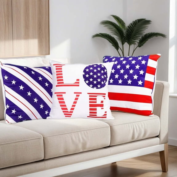Soft Patriotic Throw Pillow with Usa Flag Elements, Comfy Square Decorative Cushion, Simple Home Textile Ornament for Living Room Sofa and Independence Day Holiday Indoor Matching, C