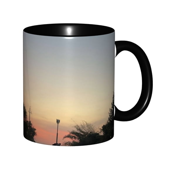Soft Peach Sunset Country Road Tree Silhouettes Overhead Utility Wires Rural Twilight Ceramic Mug 11oz, Warm Suburban Dusk Road Landscape Photo Cup, Microwave Safe Gift for Sunset & Countryside Lover