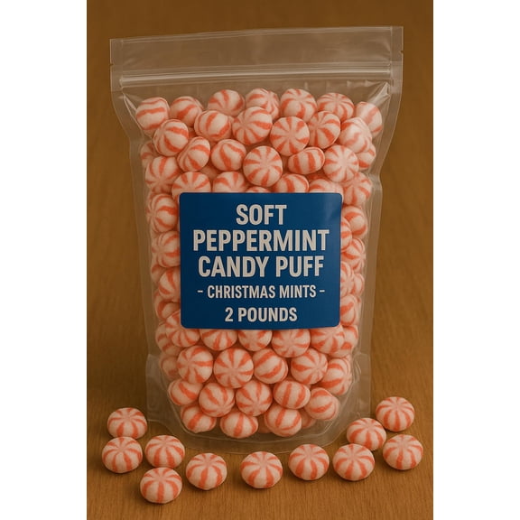 Soft Peppermint Candy Puff Christmas Mints - 2 Pounds Approx 175 Pieces - Mints Individually Wrapped Christmas Candy