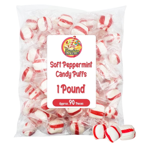 Soft Peppermint Puff Candy - 1 Pound Bag (Approx. 90 Pieces) - Individually Wrapped Puffy Mints, Bulk Red & White Soft Puffs, Holiday & Everyday Office Bowl, Stocking Stuffer Gift Filler