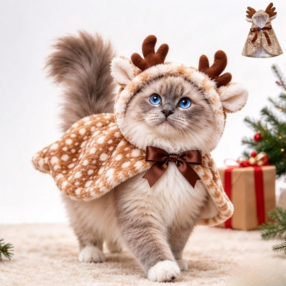 Soft Pet Christmas Cape, Warm Christmas Cloak for Cats & Small Dogs, Reindeer Shaped Cat Hooded Cape with Adjustable Straps, Christmas Reindeer Dog Costume Outfit for Cosplay, Parties