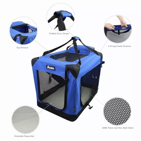 JESPET Soft Pet Crates Kennel, 3 Door Soft Sided Folding Travel Pet Carrier with Straps and Fleece Mat for Dogs, Cats, Rabbits, Indoor/Outdoor Use with Grey, Blue & Beige, Black