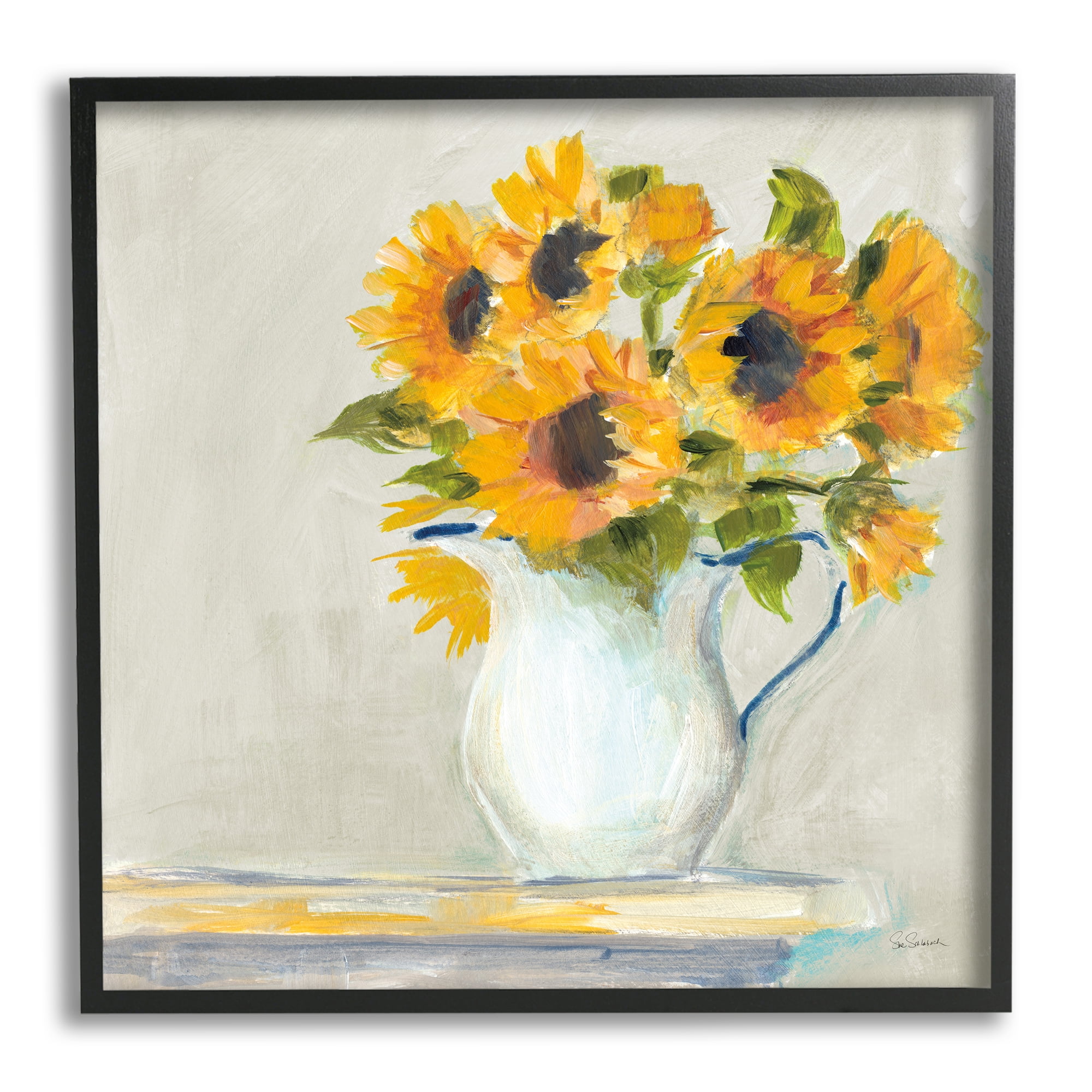 Soft Petal Sunflower Vase Country Milk Jar Botanical & Floral Framed Art Print Wall Art, 17x17