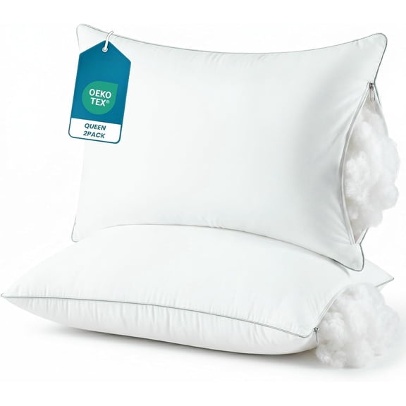 Soft Pillows Set of 2 - Bed Pillows for Sleeping, Adjustable Down Alternative Fill, Zippered Plush Support, Hotel Quality, Oeko-TEX, Machine Washable, 110GSM Gray Piping
