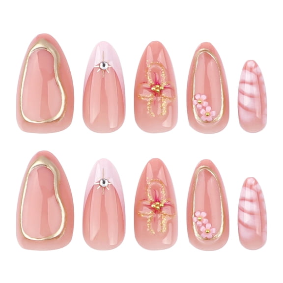 Soft Pink 3D Flower Press on Nails, Gold Foil Geometric Pattern Medium Almond Glossy Fake Nails, 24 Count