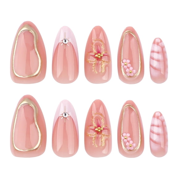 Soft Pink 3D Flower Press on Nails, Gold Foil Geometric Pattern Medium Almond Glossy Fake Nails, 24 Count