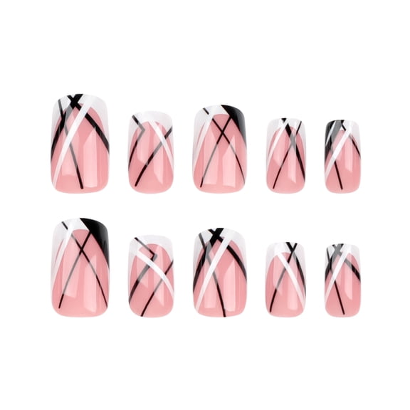 Soft Pink Abstract Geometric Press on Nails, Medium Squoval Glossy False Nails, 24 Count