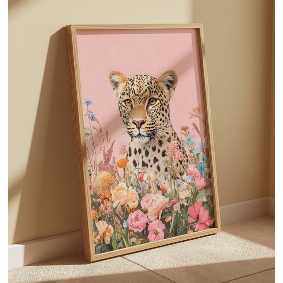 Soft Pink Aesthetic Floral Leopard Dopamine Art, Unframed Paper Poster 8x10in