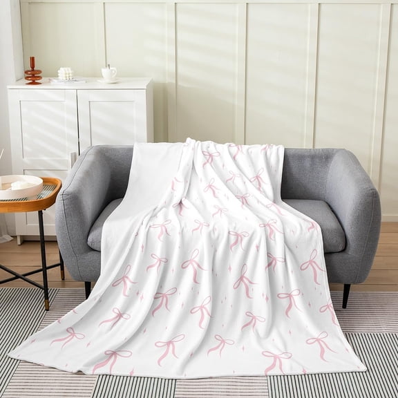 Soft Pink Bow Pattern Fuzzy Flannel Throw Blanket Warm Cozy Lightweight Blanket for Couch Bed Sofa Home Decor