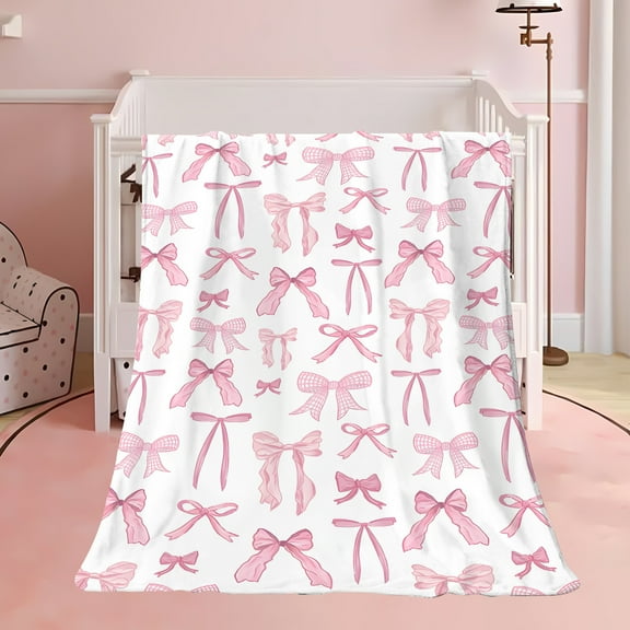 Soft Pink Bowknot Flannel Fleece Blanket, Skin-Friendly Lightweight Throw, Home Decor for Sofa Bedroom Travel, Machine Washable Polyester Gift