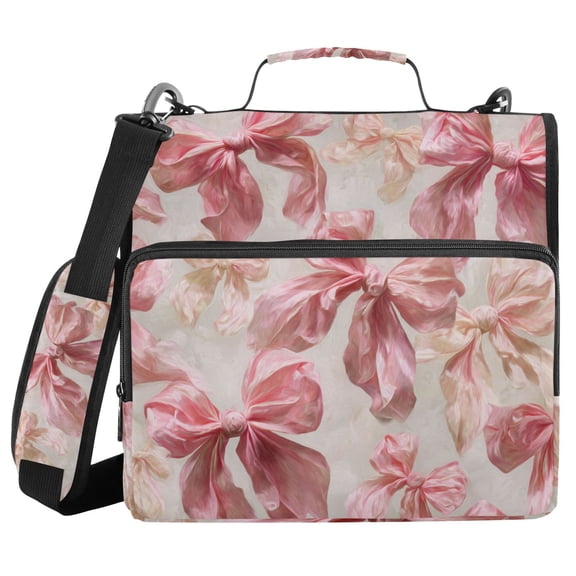 Soft Pink Bows Binder Bag with Shoulder Strap 3 Ring Zipper Binder File Folder Document Storage