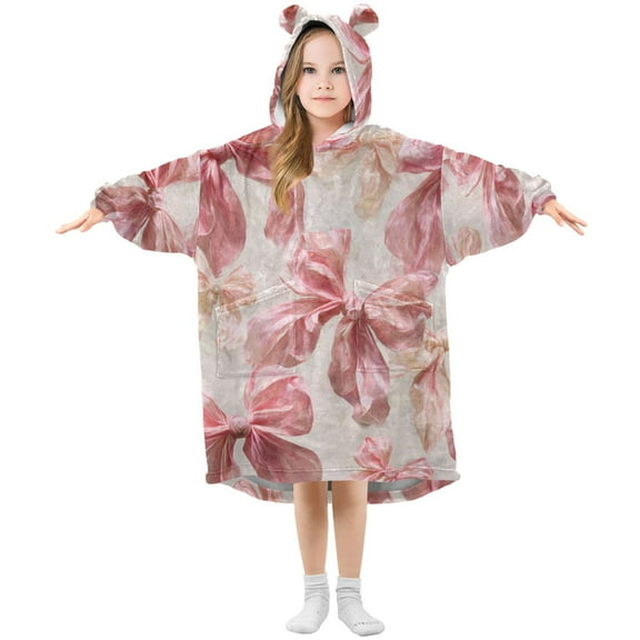 Soft Pink Bows Flannel Wearable Blankets Hooded Design Long Sleeves Wrap Unisex for 3T-14Y S